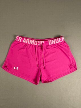 Under Armour Play Up Shorts Pink Logo Waist HeatGear Athletic Running Gym Medium